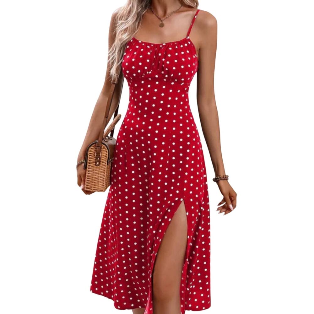 Sweetheart neckline adjustable spaghetti strap red, & white polkadot midi dress